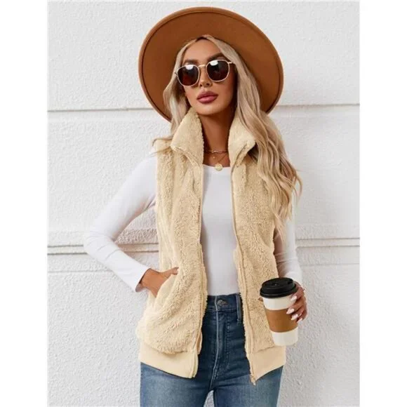 New Womens Fuzzy Fleece Vest, Casual Warm Sleeveless Zip Up Sherpa Vest - Picture 4 of 6